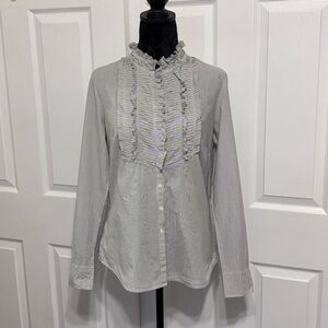 J. Crew Women’s Grey Gray Ruffled Mock Neckline Button Down Dress Shirt size 4